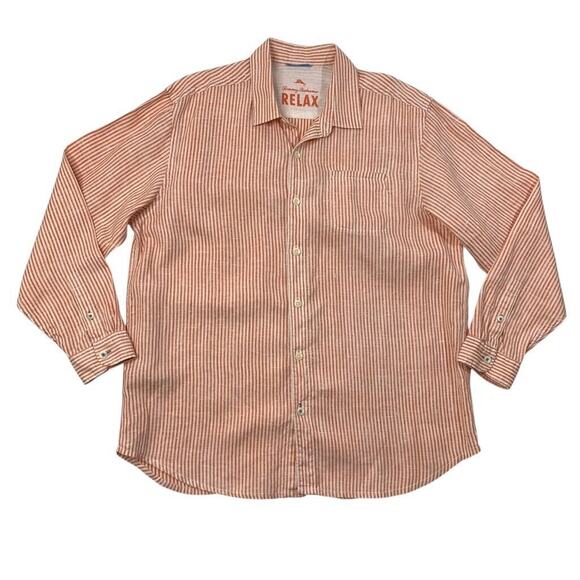 Tommy Bahama Shirt Mens XL Tangerine Orange Linen Relax Striped Long Sleeve - Picture 1 of 12